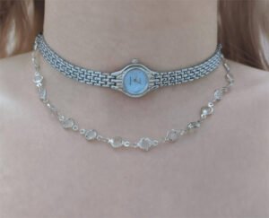 Handmade adjustable band watch choker necklace worn by Hailey Bieber