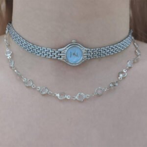 Handmade adjustable band watch choker necklace worn by Hailey Bieber