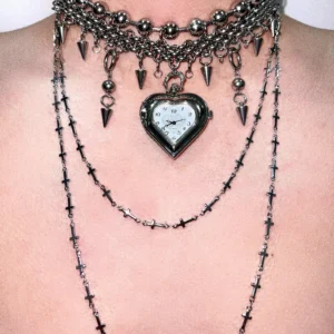 Handmade silver stainless steel watch choker necklace worn by Bella Hadid