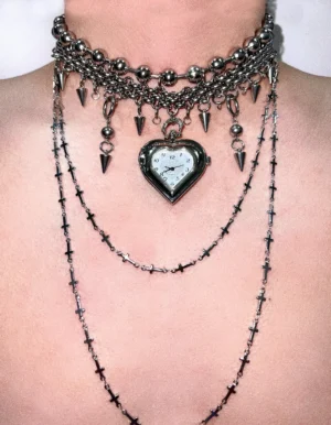 Handmade silver stainless steel watch choker necklace worn by Bella Hadid
