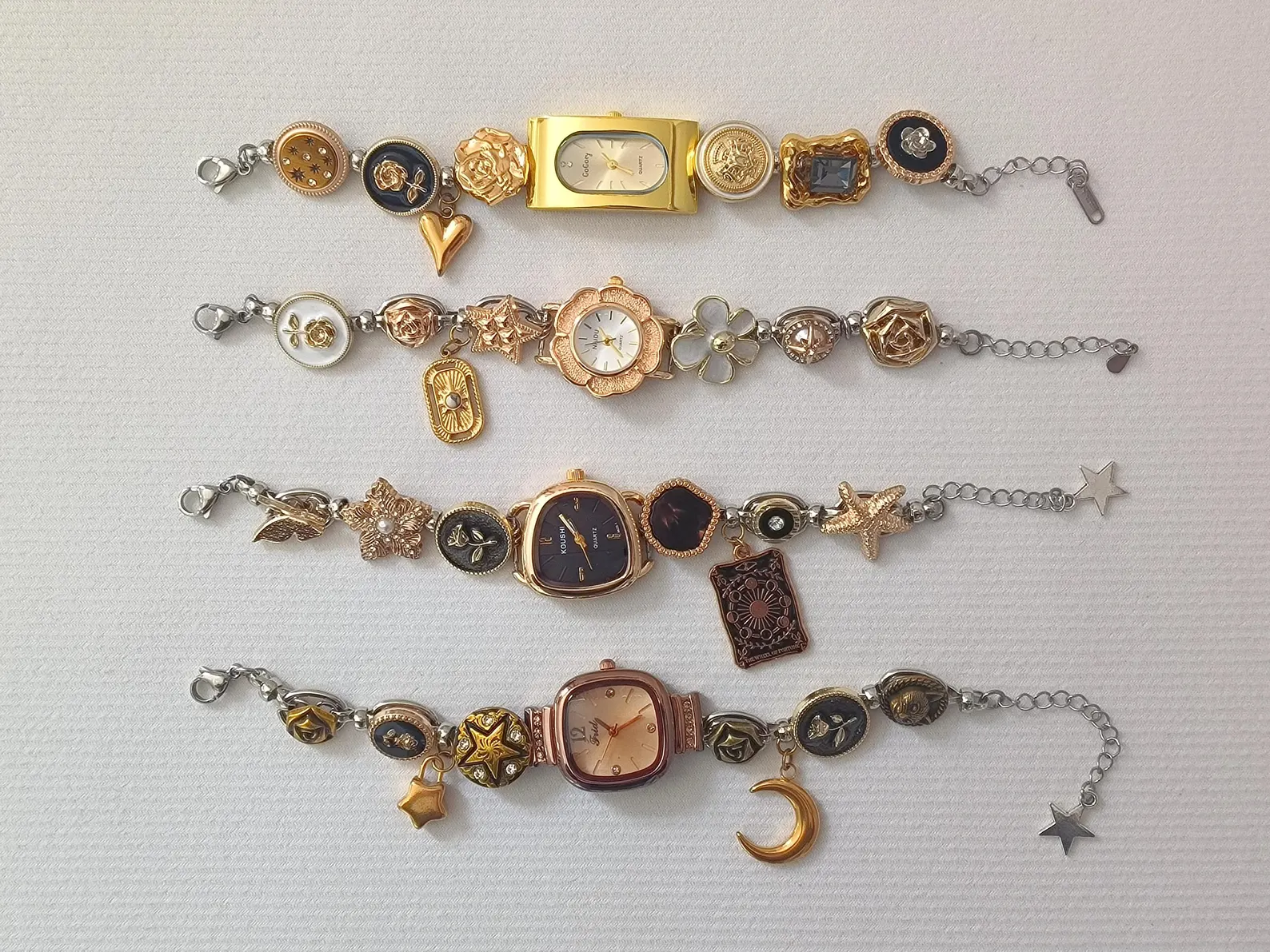 Flat-surfaced bracelet watch design for charm add-ons and simple button control