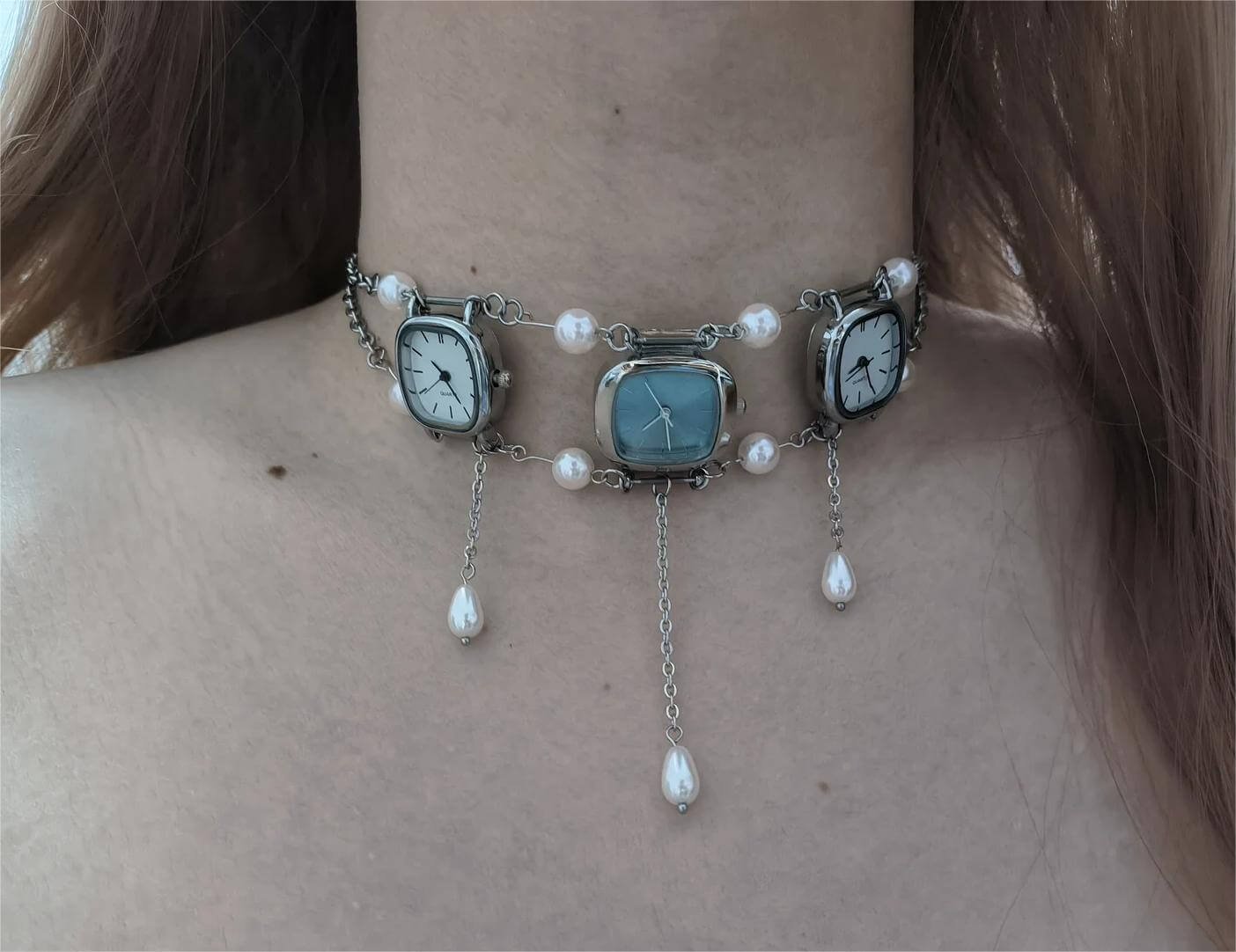 Handmade silver stainless steel watch choker necklace worn by Emma Chamberlain
