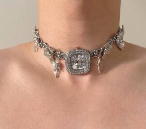 Handmade retro-futuristic watch choker necklace a timeless piece inspired by Ariana Grande