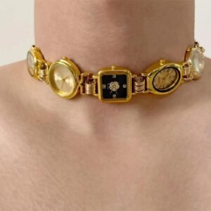 Handmade gold stainless steel watch choker necklace worn by Megan Thee Stallion