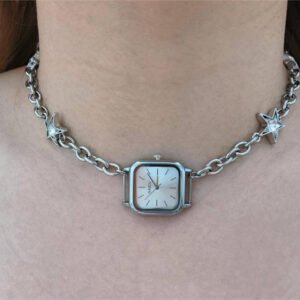 Handmade multi-watch face choker necklace worn by Emma Chamberlain