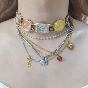 Handmade silver stainless steel watch choker necklace perfect for layering