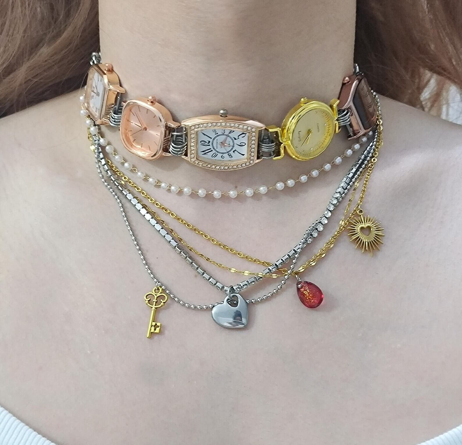 Handmade silver stainless steel watch choker necklace perfect for layering