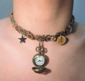 Handmade beaded watch choker necklace worn by Hailey Bieber