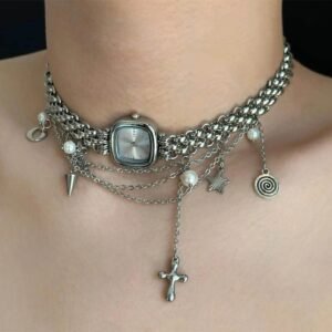 Handmade Titanium watch choker necklace worn by Emma Chamberlain
