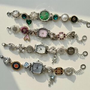 Artisan stainless steel fashion watch bracelet using mini charm attachments and button locks