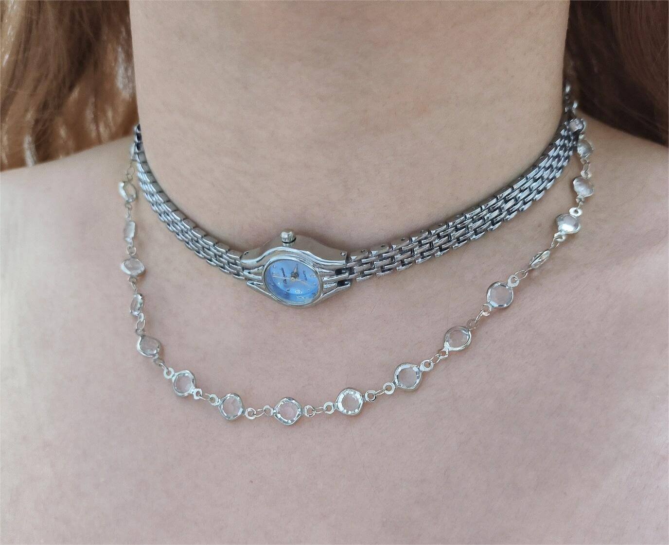 Statement handmade watch choker necklace popular with celebrities like Hailey Bieber