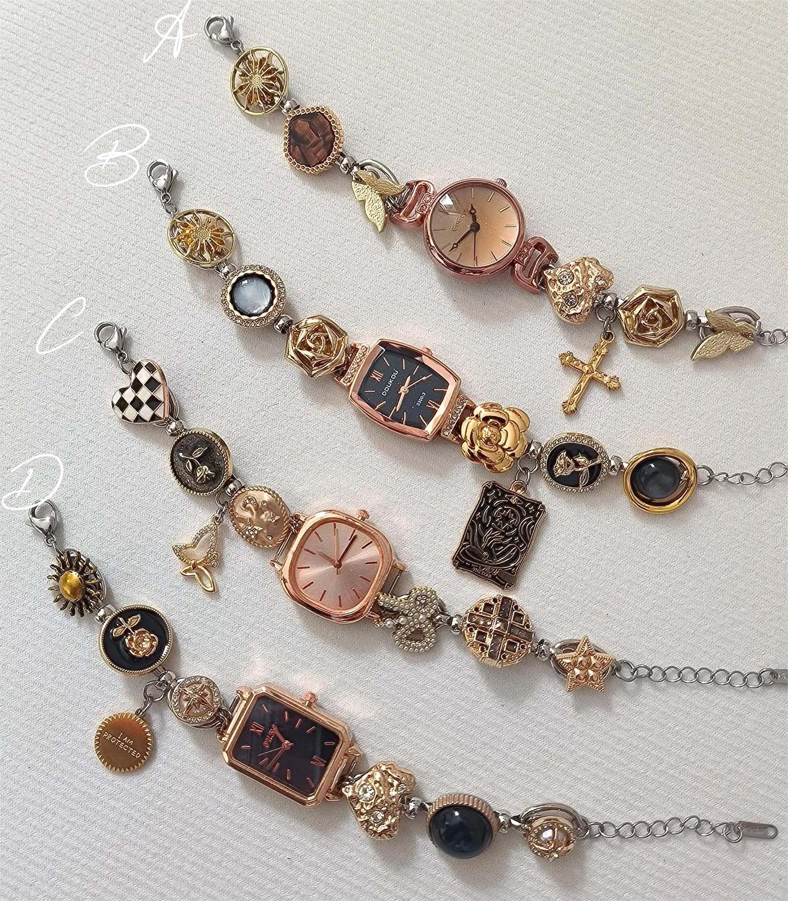 Titanium choker watch bracelet presented in charm-strung design and button plate