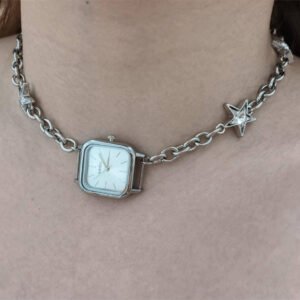 Handmade silver watch choker necklace popular with celebrities like Rihanna