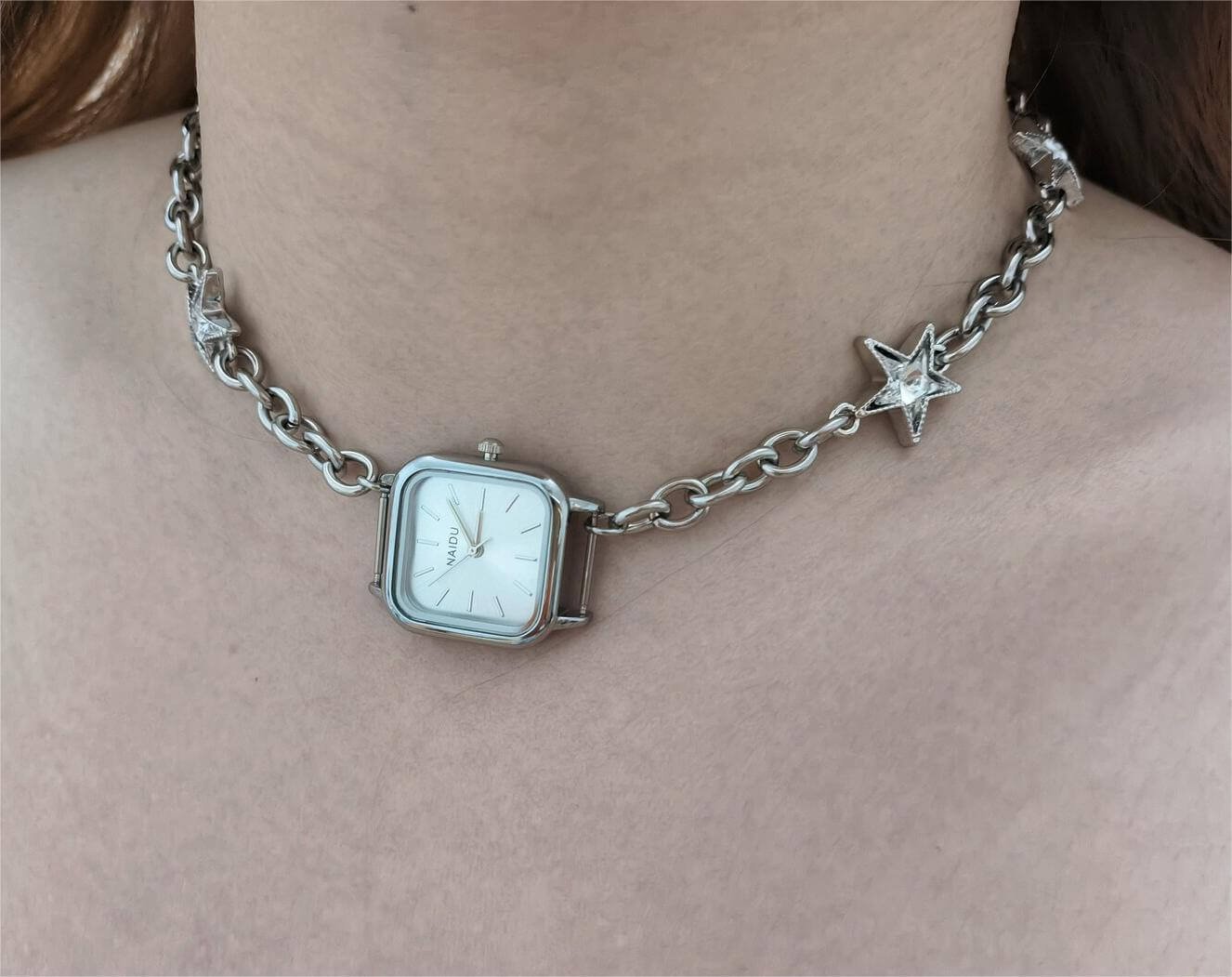 Handmade silver watch choker necklace popular with celebrities like Rihanna