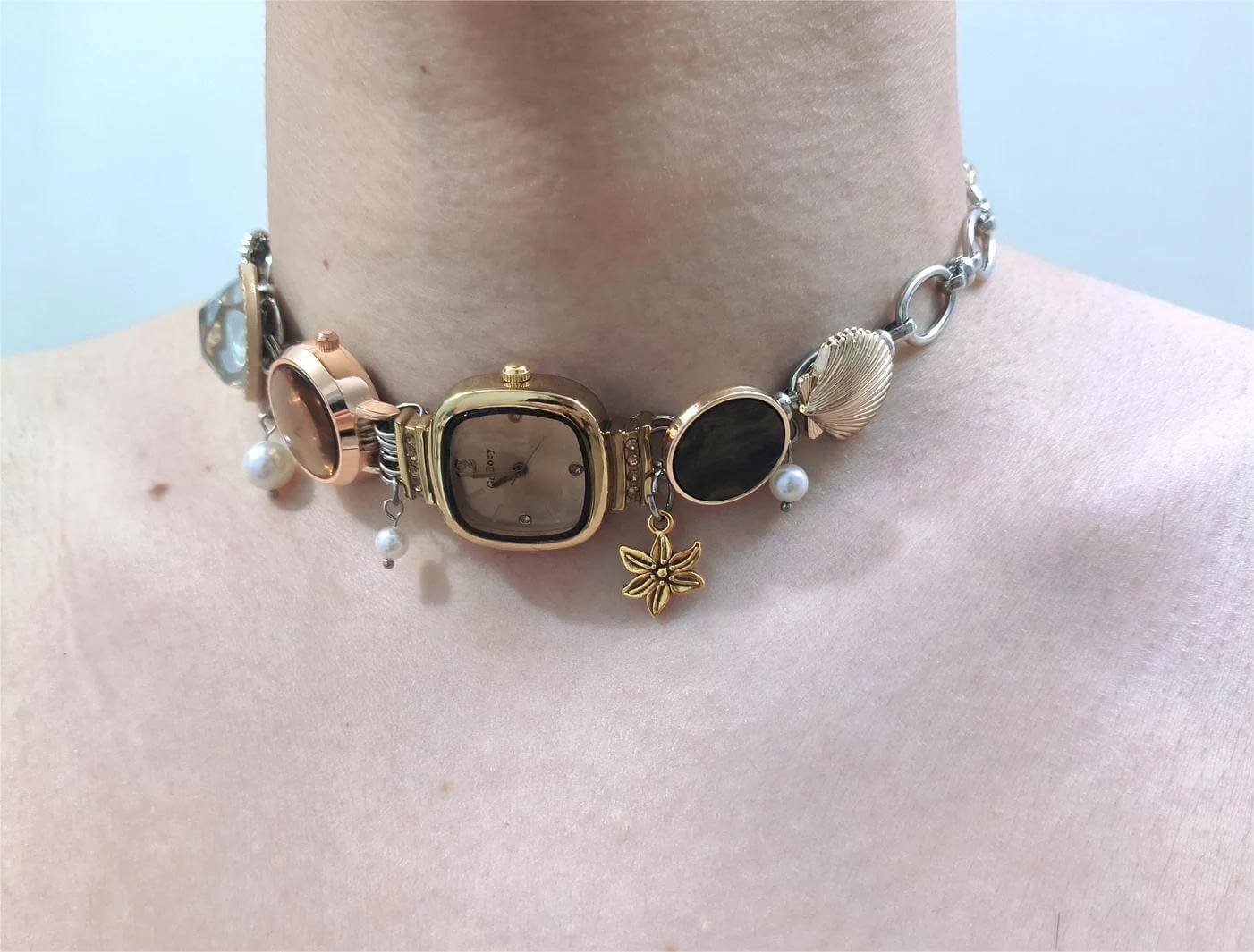 Handmade beaded watch choker necklace made for Y2K lovers