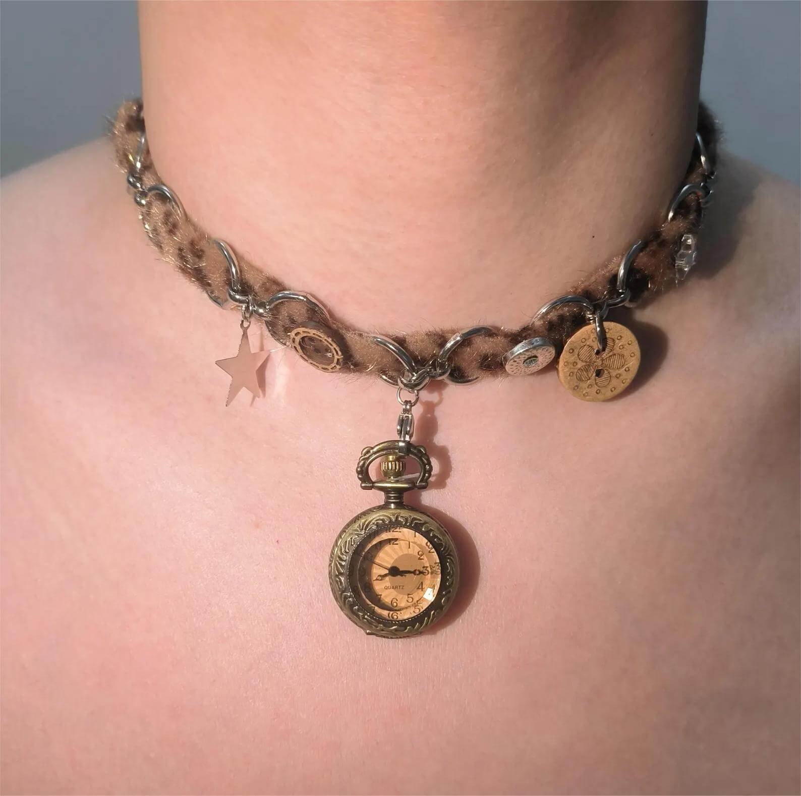 Handmade gold stainless steel watch choker necklace popular with celebrities like Billie Eilish