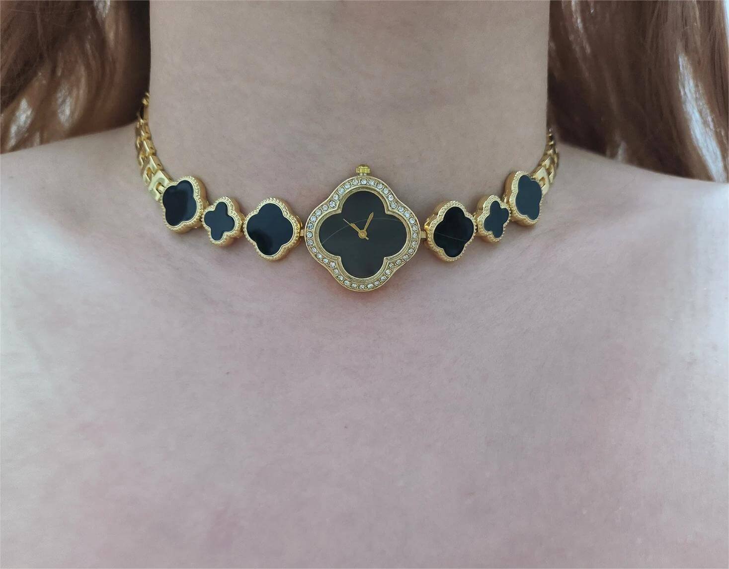 Handmade black stainless steel watch choker necklace a must-have for fans of Emma Chamberlain