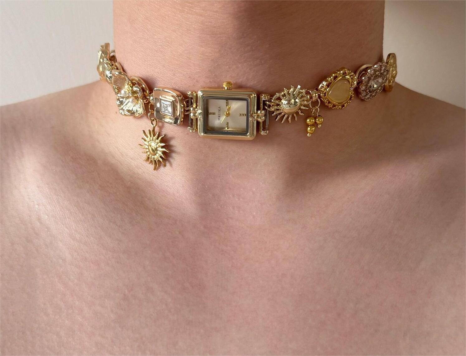 Layered handmade watch choker necklace popular among fans of Gigi Hadid