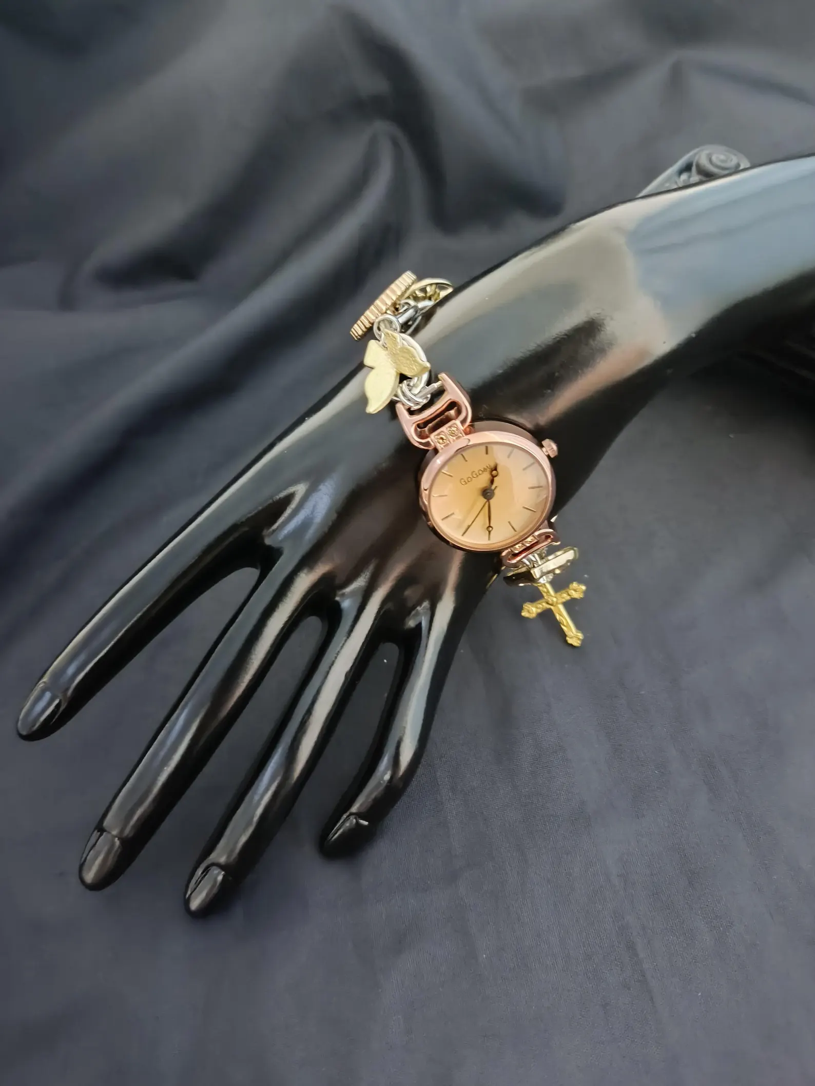Y2K fashion bracelet watch created using flat-profile buttons and freeform charms