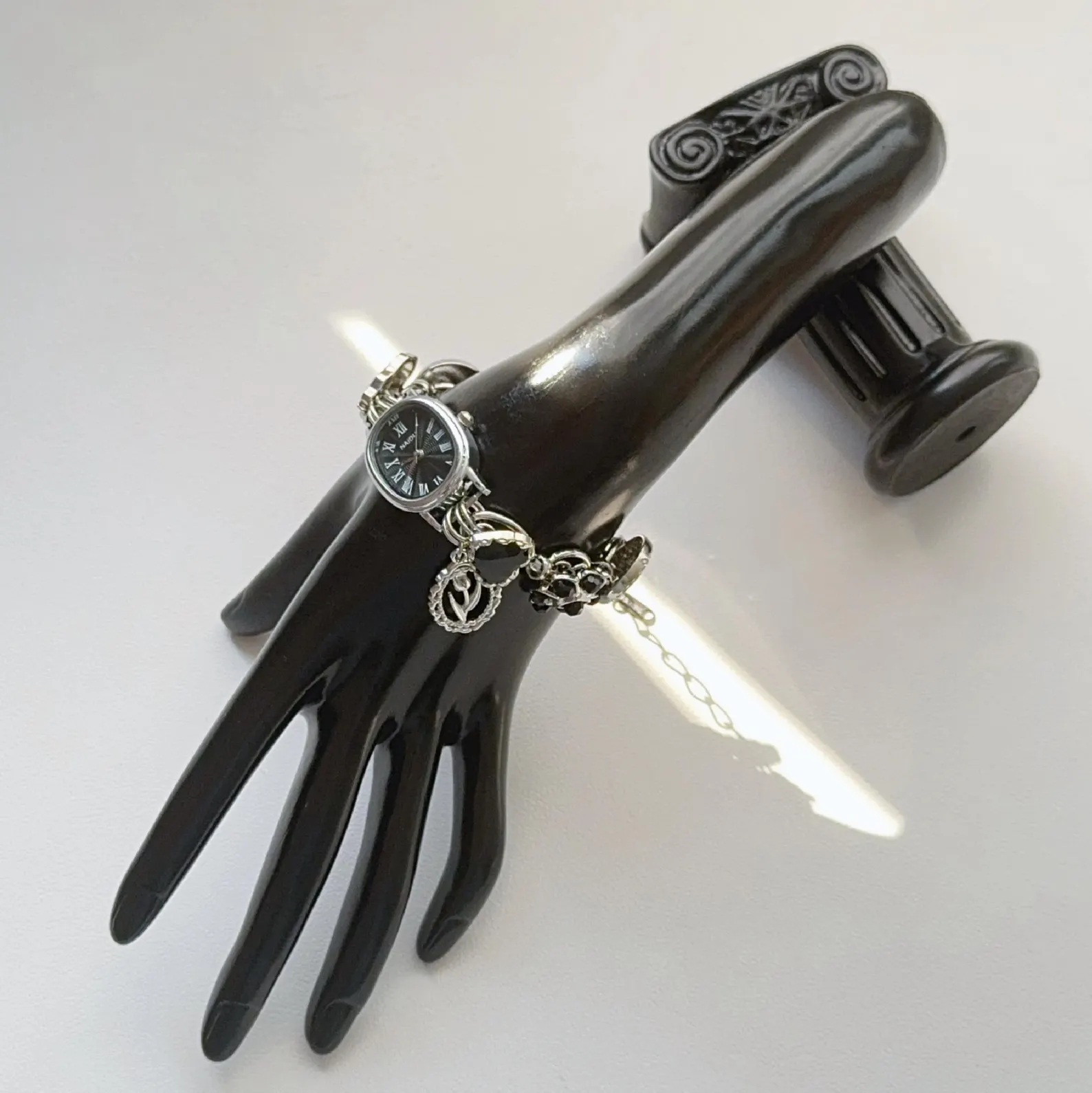 Layered silver bracelet watch with mechanical button Charms