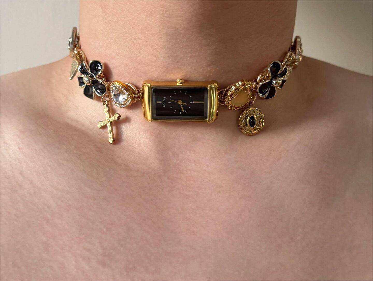 Handmade multi-watch face choker necklace popular with celebrities like Ariana Grande