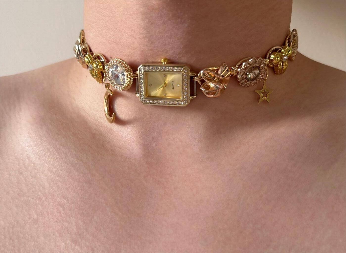 Layered handmade watch choker necklace a timeless piece inspired by Selena Gomez