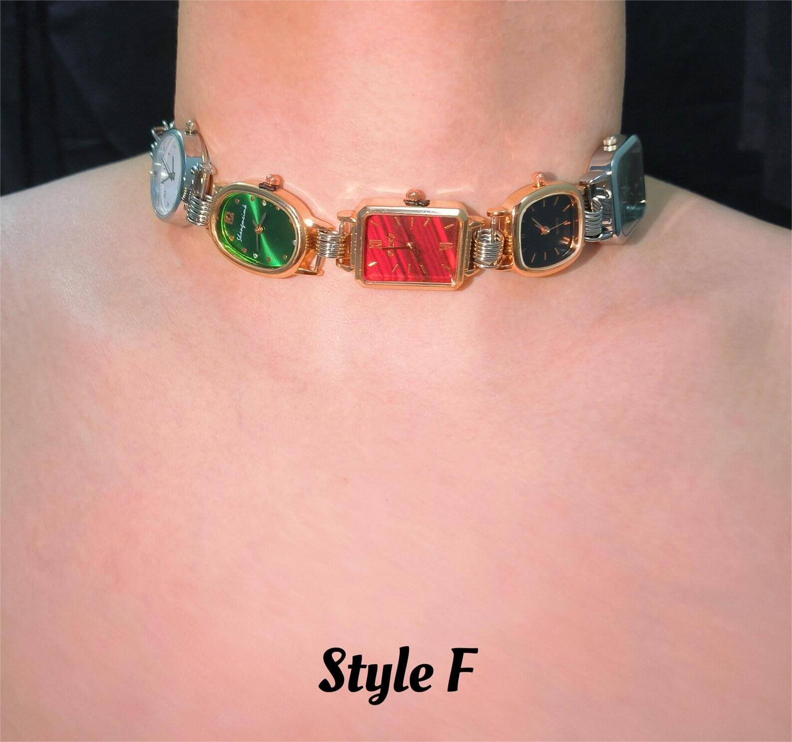 Handmade silver stainless steel watch choker necklace popular with celebrities like Hailey Bieber