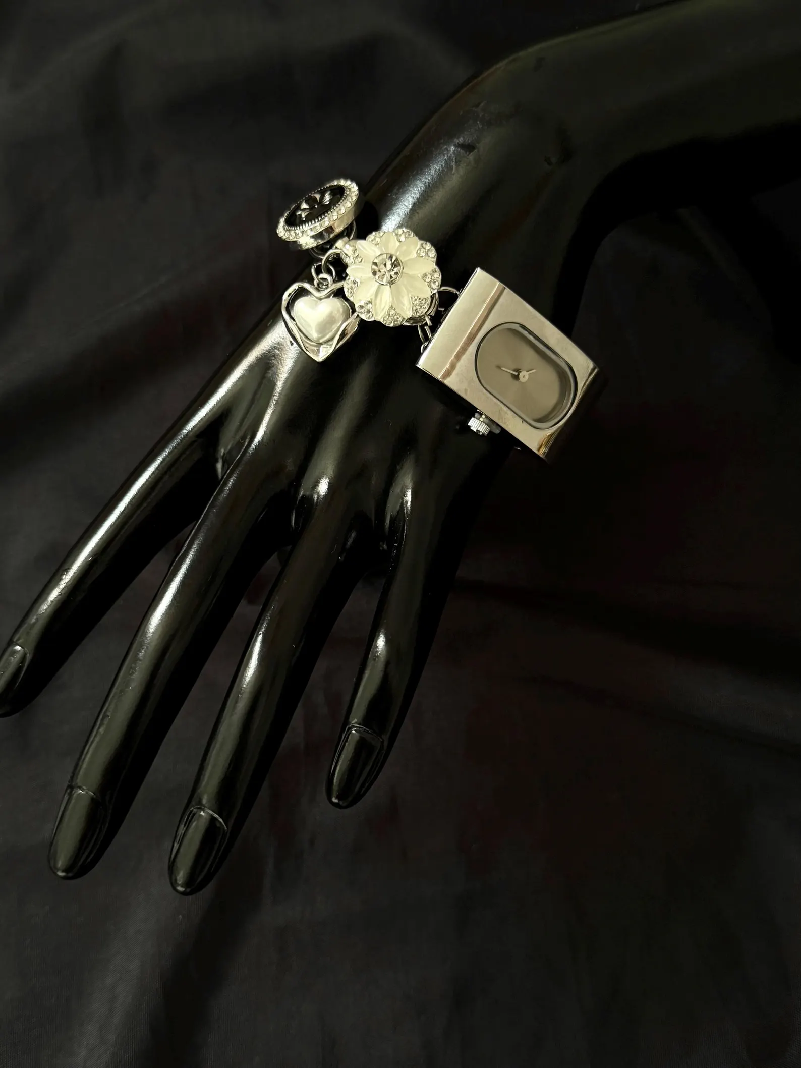 Handmade silver stainless steel watch bracelet with Y2K heart charms