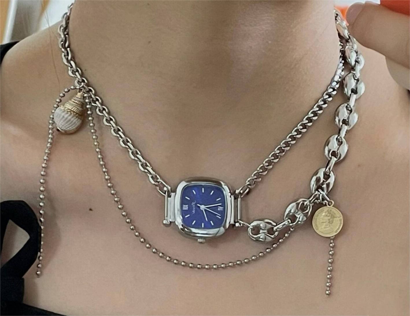 Handmade blue watch choker necklace popular among fans of Rihanna