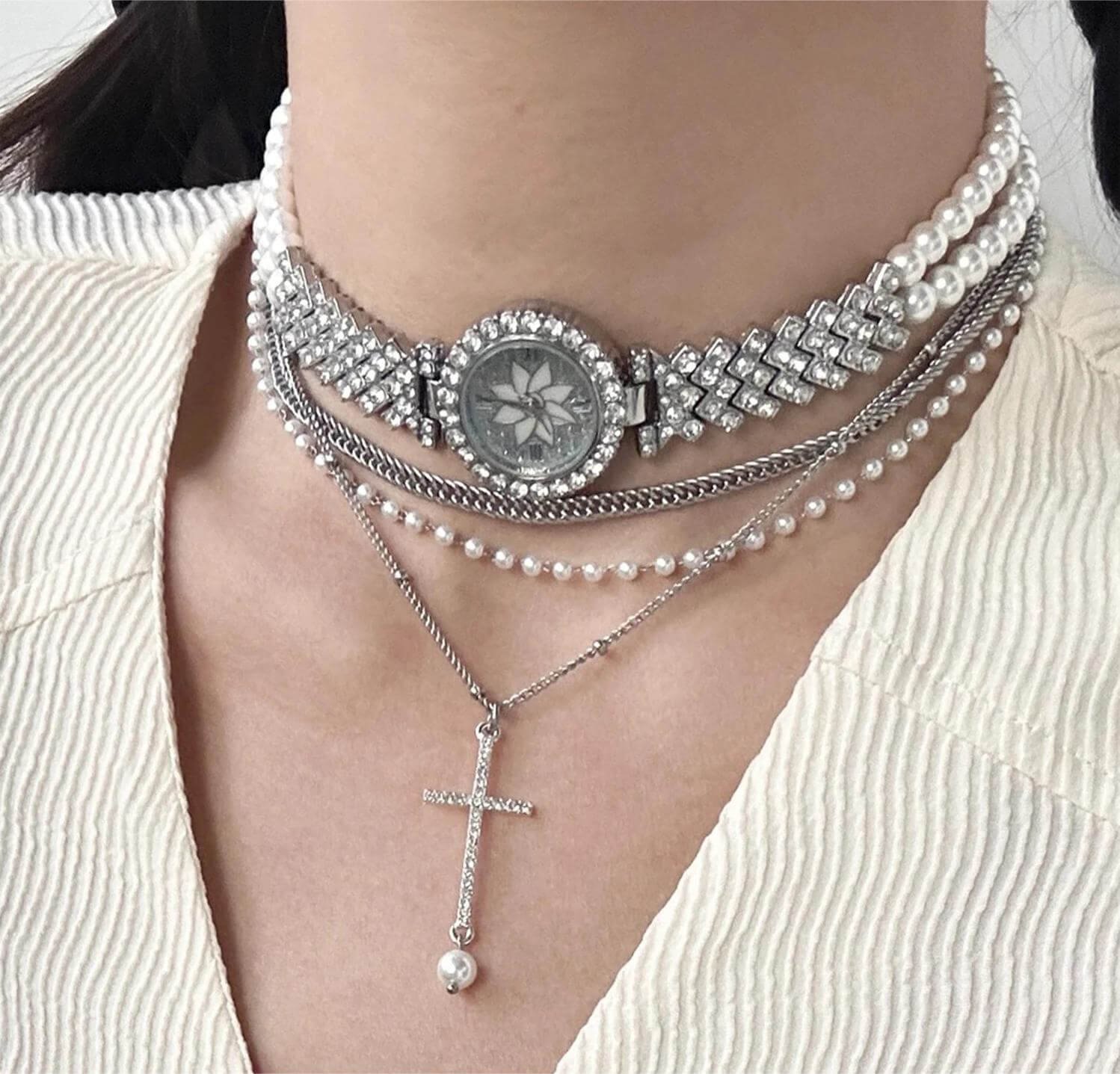 Handmade silver watch choker necklace worn by Hailey Bieber