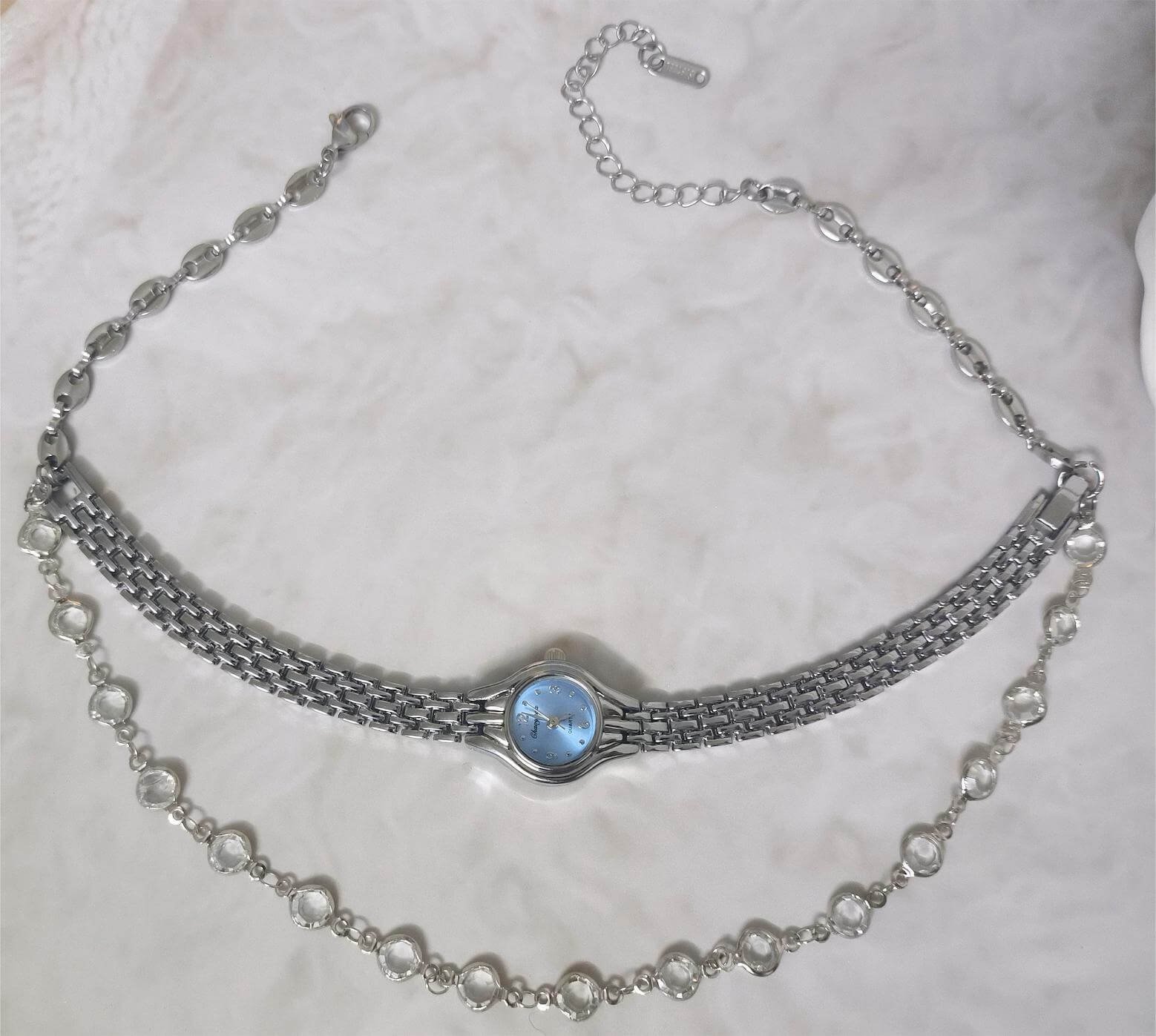 Handmade retro-futuristic watch choker necklace with adjustable band