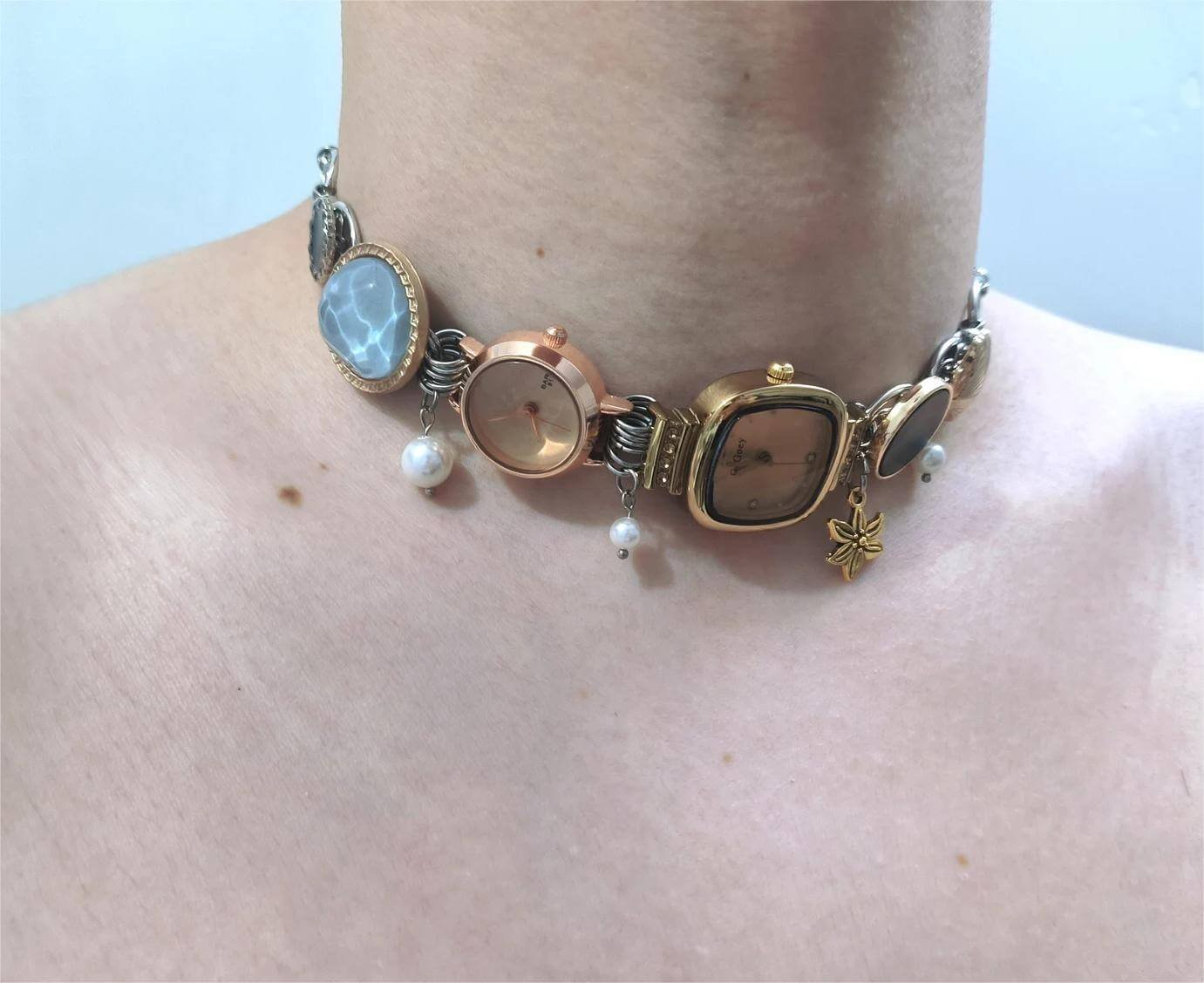 Statement handmade watch choker necklace popular with celebrities like Dua Lipa
