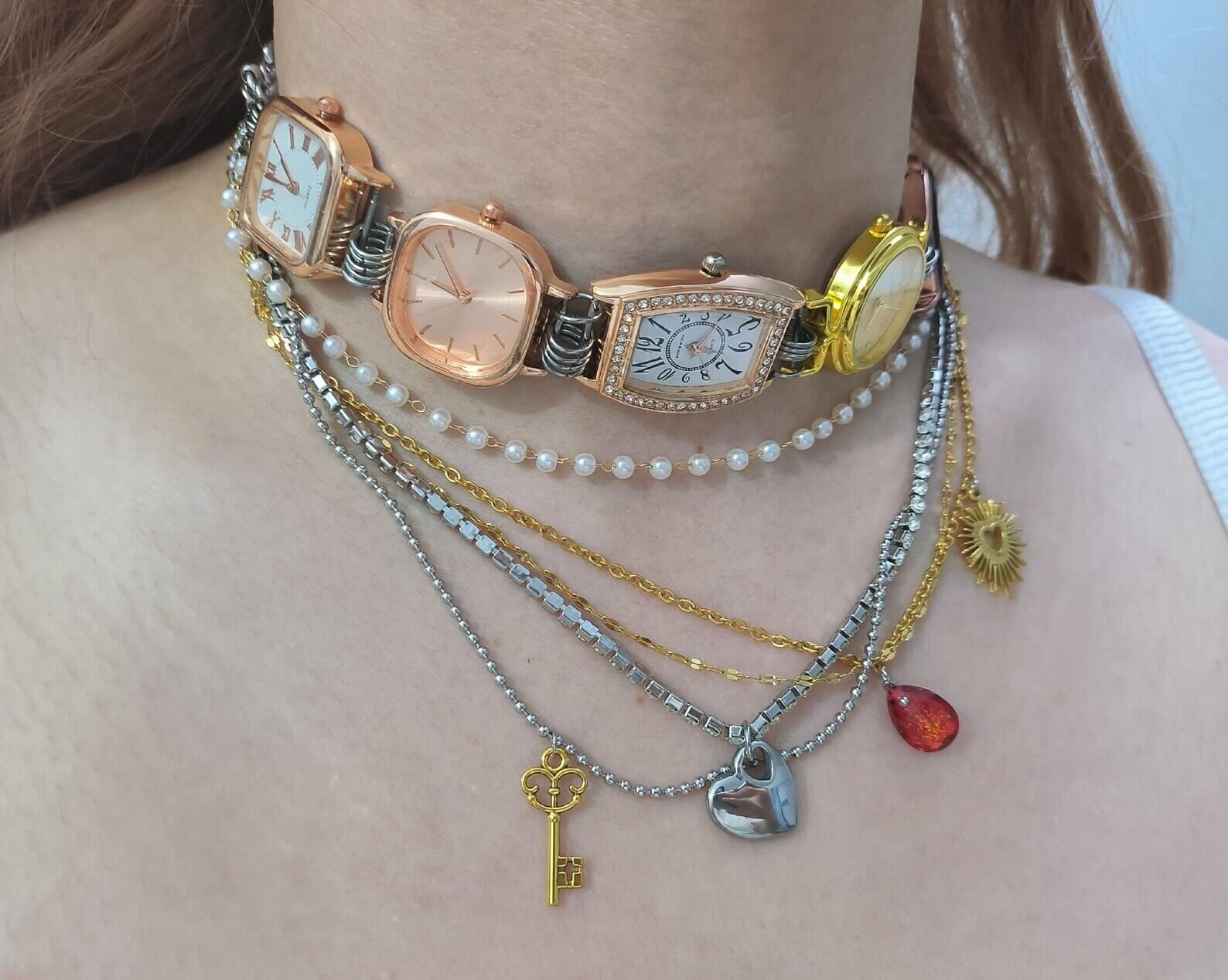 Handmade streetwear watch choker necklace featured in celebrity fashion