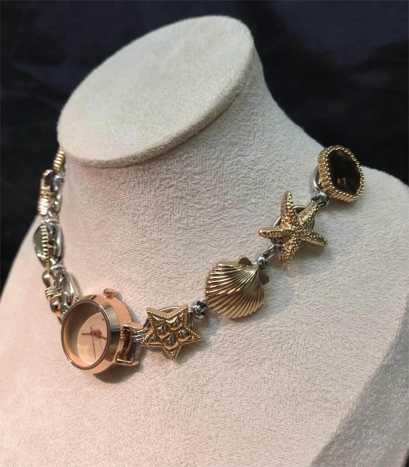 Handmade rose gold watch choker necklace with adjustable band