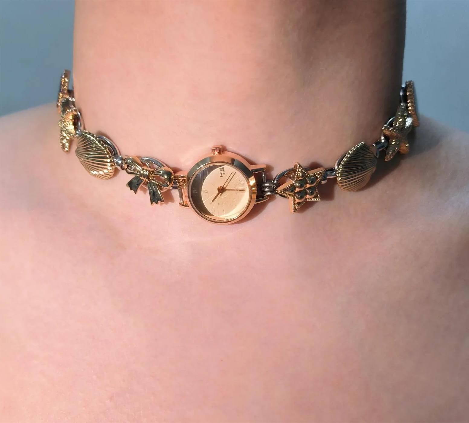 Custom handmade watch choker necklace popular among fans of Emma Chamberlain