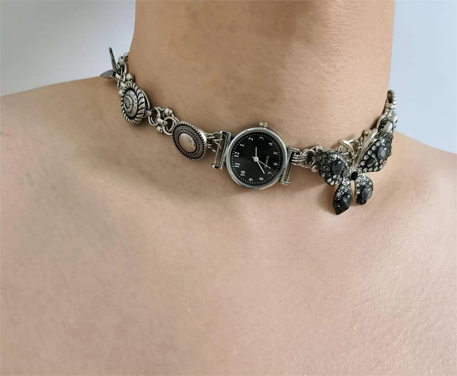 Layered handmade watch choker necklace popular among fans of Rihanna