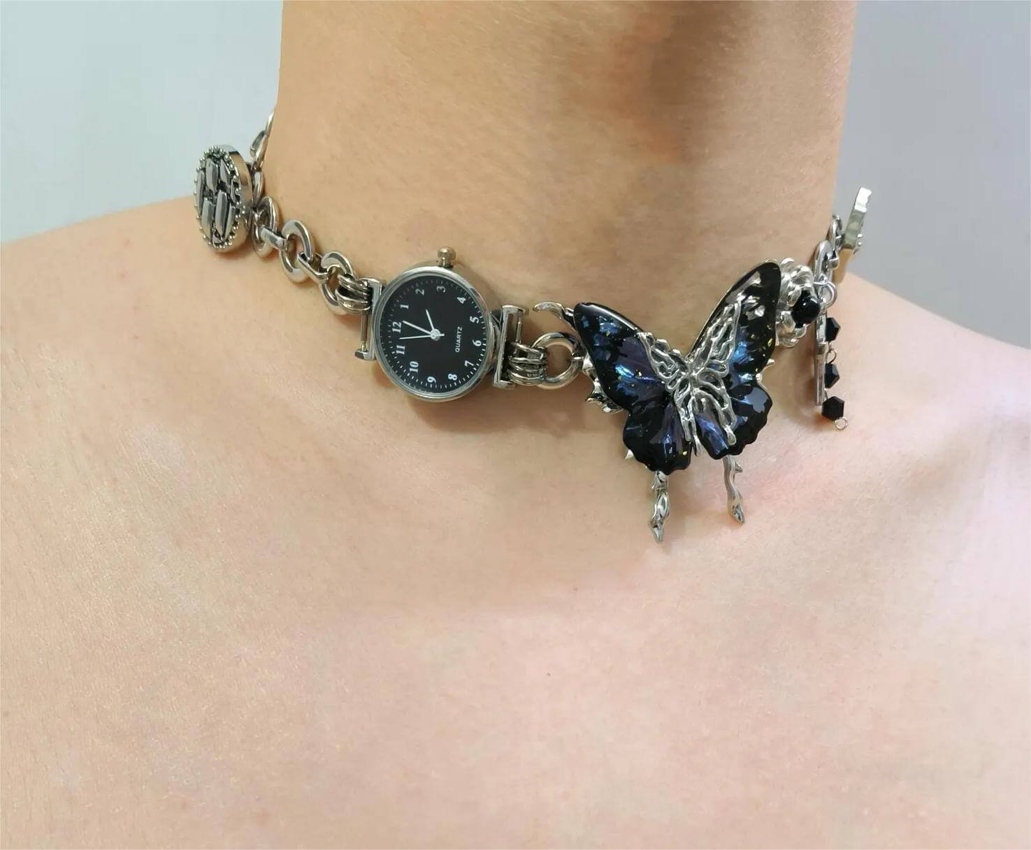Handmade retro-futuristic watch choker necklace a timeless piece inspired by Hailey Bieber