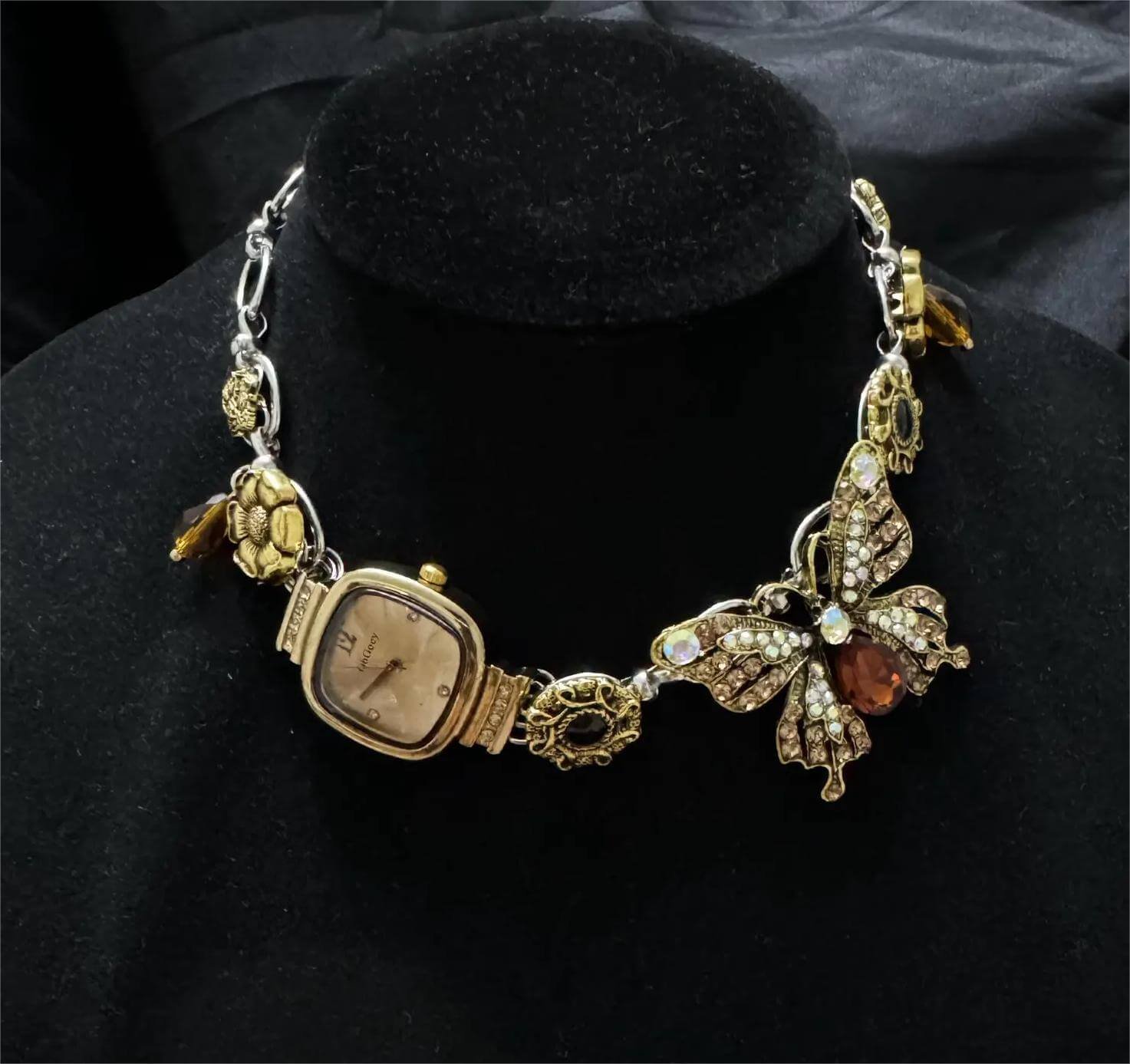 Handmade rave style watch choker necklace popular among fans of Emma Chamberlain