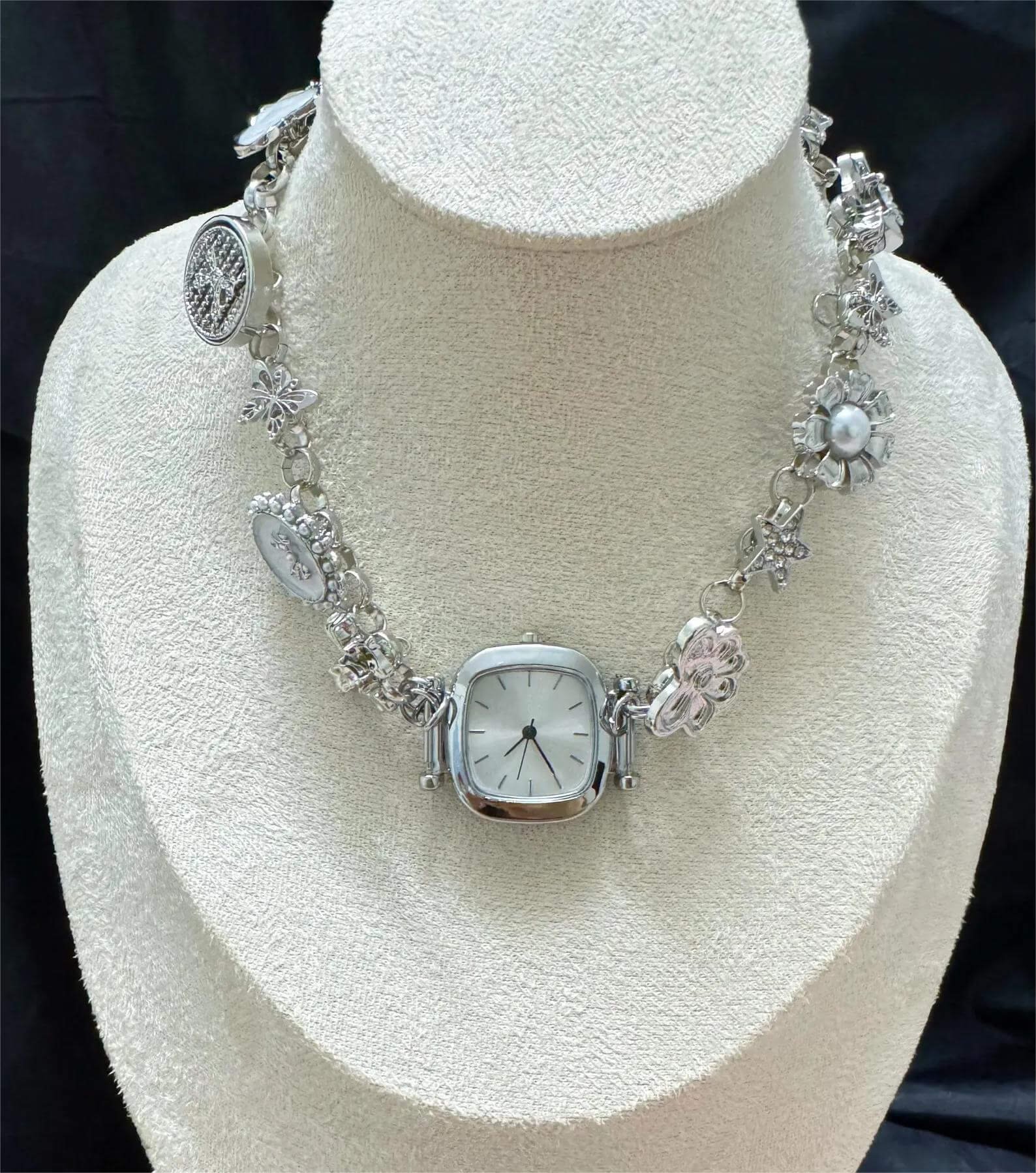 Handmade multi-watch face choker necklace popular among fans of Billie Eilish
