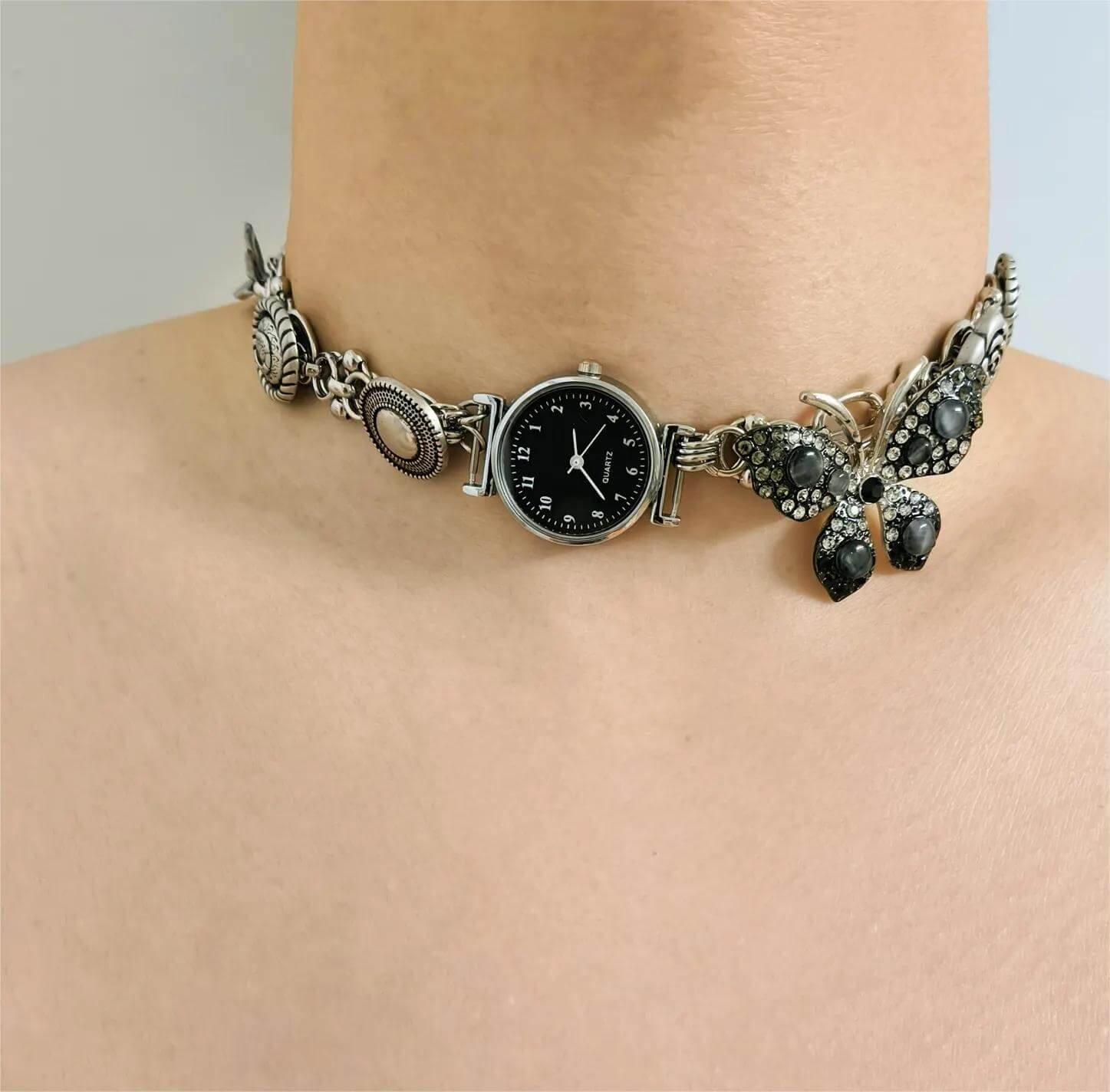Handmade retro-futuristic watch choker necklace popular with celebrities like Ariana Grande