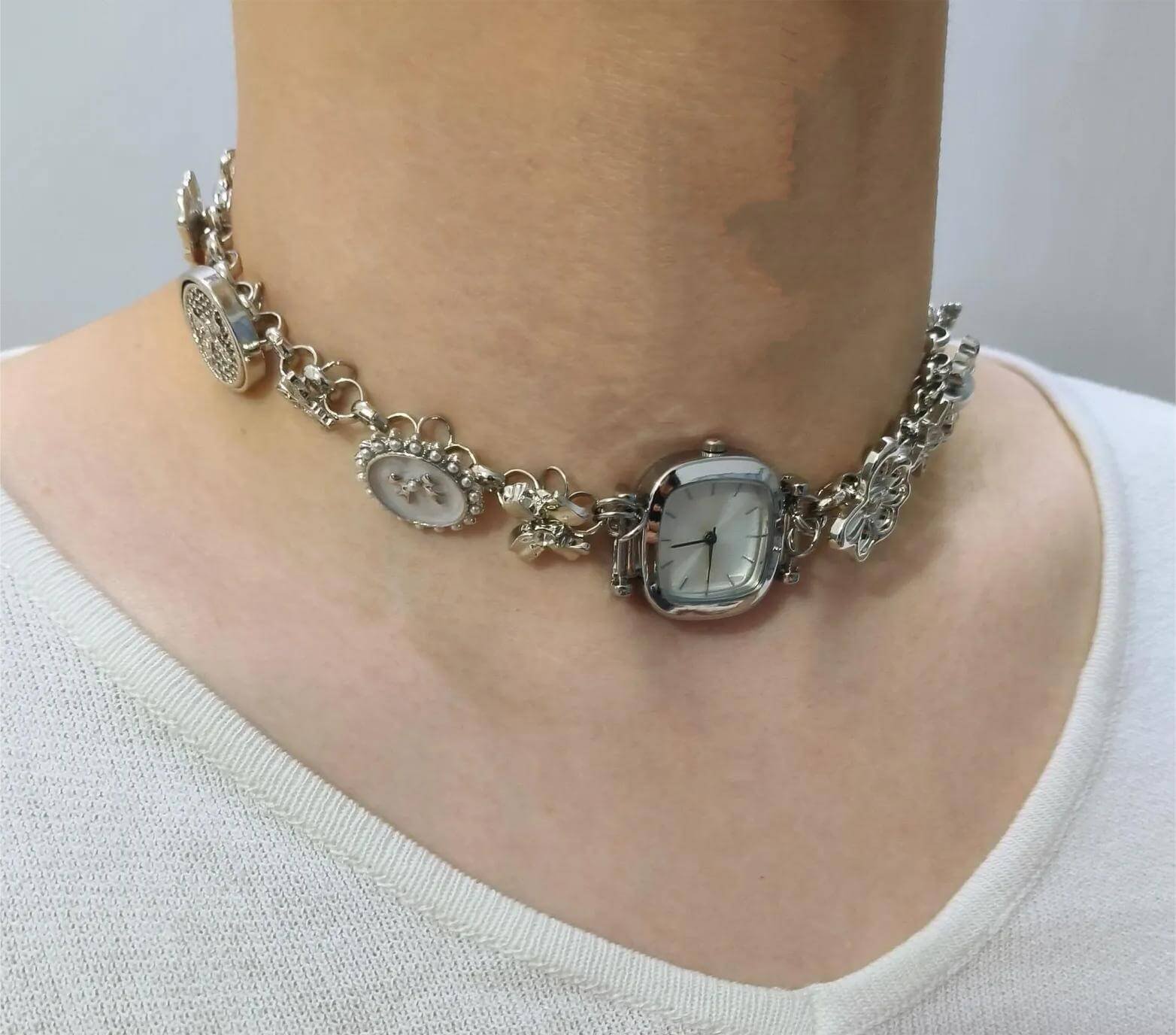 Handmade silver stainless steel watch choker necklace