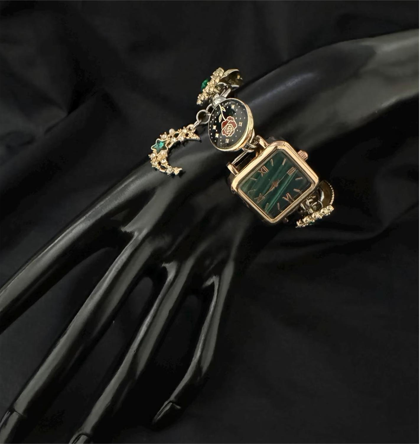 Stainless steel bracelet watch tailored for cyberpunk expression featuring charms and metal buttons