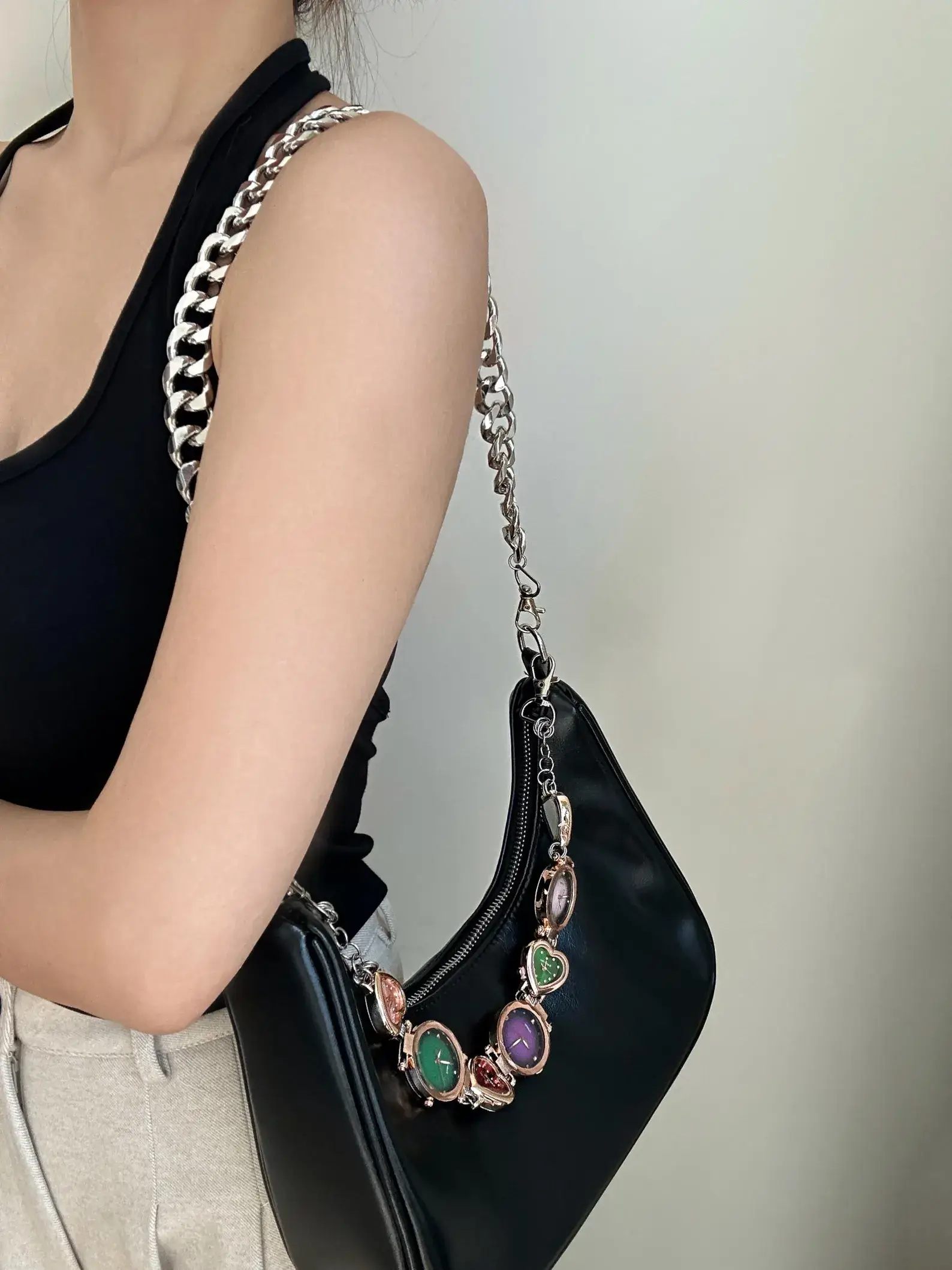 Discover our watch charm chain for tote bags inspired by Hailey Bieber, a unique accessory for any purse.
