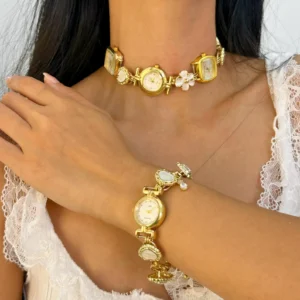 Elegant Pearl Crystal Handmade Neon Cyber Watch Pendant Necklace stylish watch choker necklace