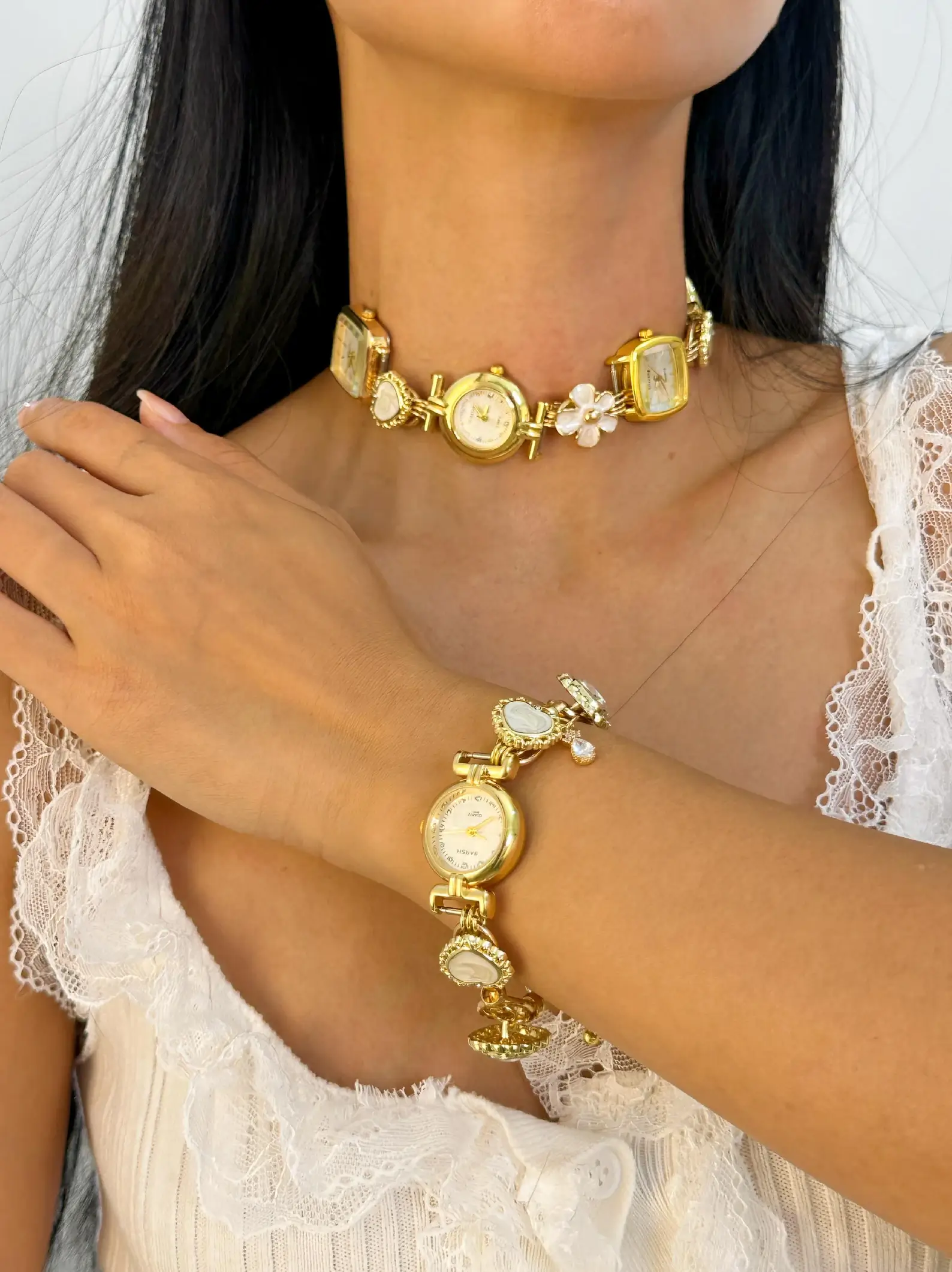 Elegant Pearl Crystal Handmade Neon Cyber Watch Pendant Necklace stylish watch choker necklace