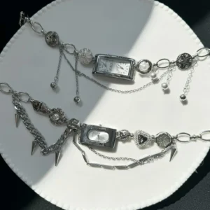 Adjustable Punk Leather Silver Watch Pendant stylish watch choker necklace