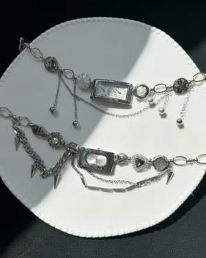 Adjustable Punk Leather Silver Watch Pendant stylish watch choker necklace
