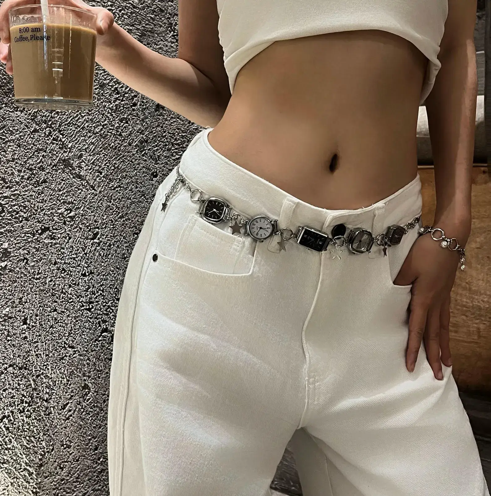 Silver cyberpunk pants chain for streetwear by Dua Lipa
