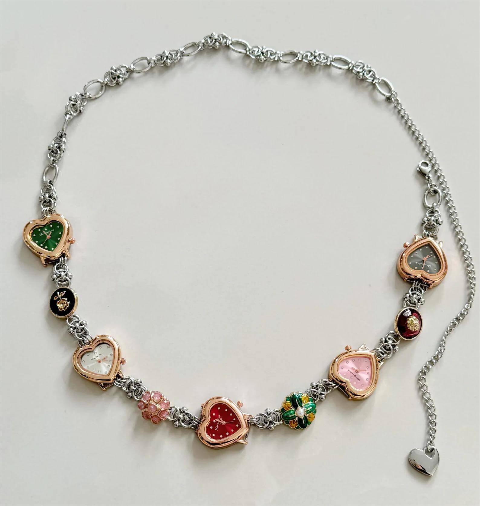 Retro heart watch waist chain belt bracelet set: A vintage-inspired silver-toned chain ensemble featuring a functional miniature heart-shaped watch, worn as a waist chain, belt accessory, and wrist bracelet, showcasing a romantic 90s Y2K aesthetic with delicate craftsmanship.
