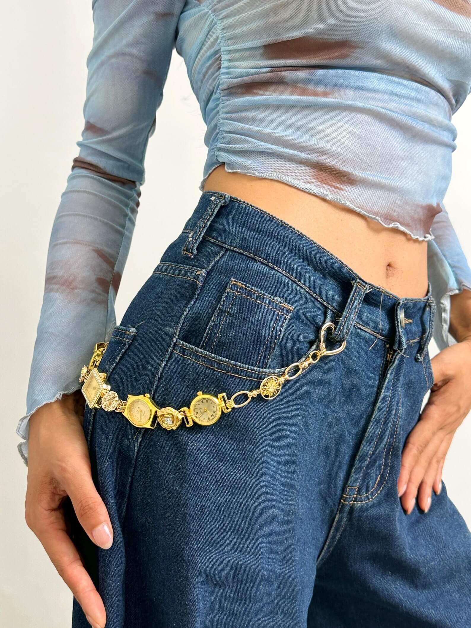 streetwear gold watch pants chain hailey bieber outfit